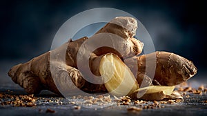 Fresh ginger root with a sliced piece