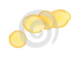 Fresh ginger root sliced on white background for herb and medical product concept