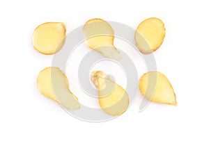 Fresh ginger root sliced on white background for herb and medical product concept