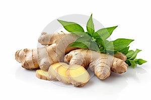 Fresh ginger root sliced â€‹â€‹with green leaves, Ginger rhizome isolated on white background.