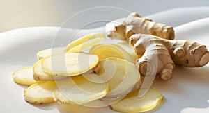 Fresh Ginger Root Slices on Light Background for Culinary Use.