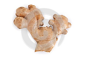 Fresh ginger root on white background, herb medical concept, Top view