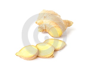 Fresh ginger slices on white background, herb and raw material c