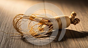 Fresh Ginseng Root on Wooden Table