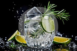 Fresh Gintonic with lime and juniper branch on black background. Ai generative