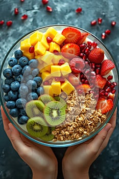 a fresh glass bowl with different types of fresh fruit, yogurt and muesli