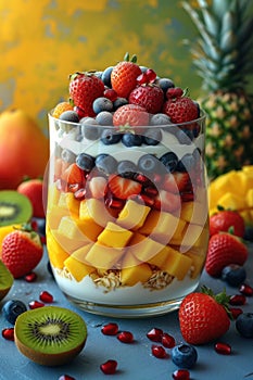 a fresh glass bowl with different types of fresh fruit, yogurt and muesli