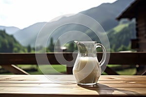 Fresh glass of milk on wooden table with summer mountains on background. illustration of healthy rustic lifestyle