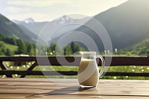 Fresh glass of milk on wooden table with summer mountains on background. illustration of healthy rustic lifestyle