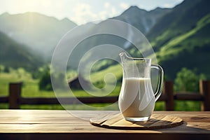 Fresh glass of milk on wooden table with summer mountains on background. illustration of healthy rustic lifestyle