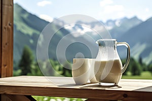 Fresh glass of milk on wooden table with summer mountains on background. illustration of healthy rustic lifestyle