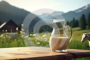Fresh glass of milk on wooden table with summer mountains on background. illustration of healthy rustic lifestyle