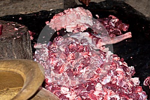 Fresh goat meat ready for sale in a butcher shop