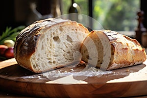 A fresh, golden-brown loaf of bread sits atop a sturdy wooden cutting board, perfect for slicing and serving., A slice of organic