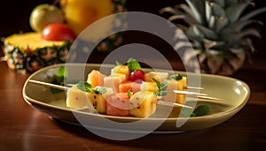 Fresh gourmet fruit salad on wooden plate, healthy summer refreshment generated by AI