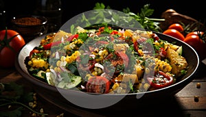 Fresh gourmet salad with healthy vegetables on wooden table generated by AI