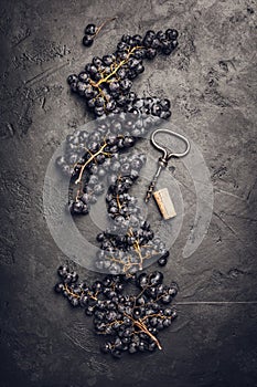 Fresh grape, cork and corkscrew on dark background