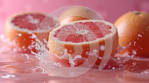 Fresh Grapefruit Halves Splashed With Water on a Pink Background