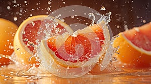 Fresh Grapefruit Halves Splashed With Water on a Pink Background