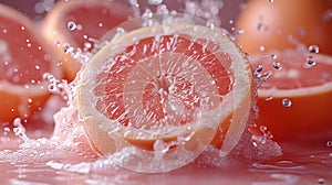 Fresh Grapefruit Halves Splashed With Water on a Pink Background