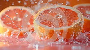 Fresh Grapefruit Halves Splashed With Water on a Pink Background