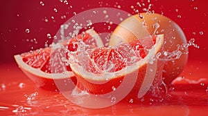 Fresh Grapefruit Halves Splashed With Water on a Pink Background