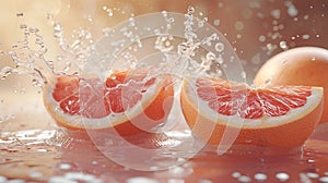 Fresh Grapefruit Halves Splashed With Water on a Pink Background