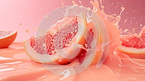 Fresh Grapefruit Halves Splashed With Water on a Pink Background