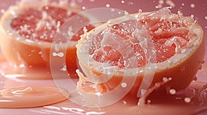 Fresh Grapefruit Halves Splashed With Water on a Pink Background