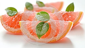Fresh grapefruit slices garnished with leaves