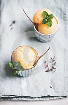 Fresh grapefruit sorbet ice cream scoops in ceramic cups