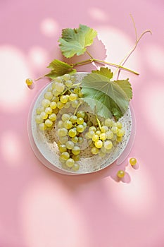 Fresh grapes with leaves on plate