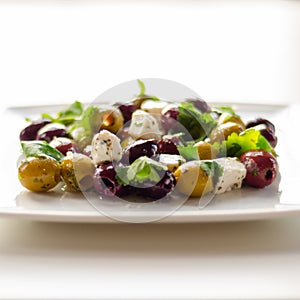 Fresh Greek salad based on green and black olives with pieces of white feta cheese and parsley