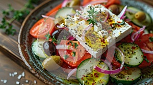 Fresh greek salad close up on rustic plate with olive oil dressing in natural light setting