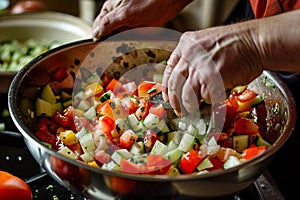 Fresh Greek salad preparation, colorful vegetables, hands. Healthy eating, lifestyle. Vitamin food
