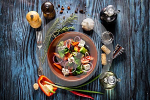 Fresh greek salad with vegetables, feta cheese and olives