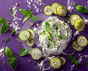 Fresh Greek Tzatziki Sauce with Dill, Cucumbers, and Mint on a Purple Background Sprinkled with Herbs Culinary Presentation