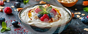 Fresh Greek Yogurt Bowl with Honey Drizzle, Berries, and Nuts on Rustic Wood Background Healthy Breakfast Concept