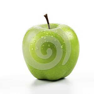 A fresh green apple with glistening water droplets on its surface