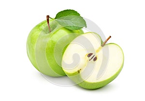 Fresh green apple with green leaf and cut in half photo