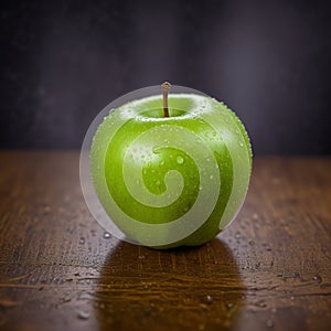 A fresh green apple lies on a wooden table and water drops glisten. Generative AI