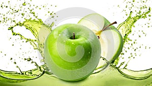 Fresh green apple and splash of juice isolated on white background