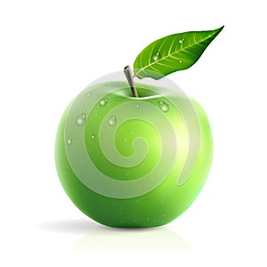 Fresh green apple with water drops realistic vector illustration isolated on white