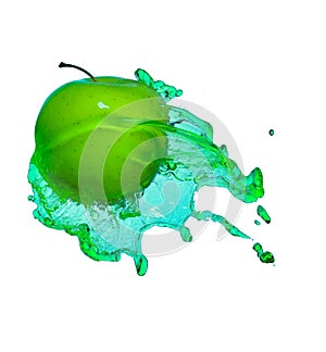 Fresh green apple in Water splashing stream on on white backgrou