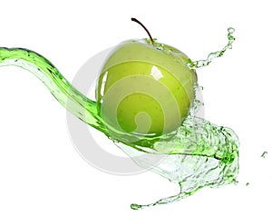 Fresh green apple in Water splashing stream on on white backgrou