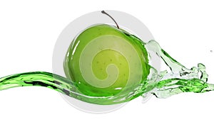 Fresh green apple in Water splashing stream on on white background