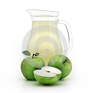 Fresh green apples and apple juice inside glass jug isolated on white background. 3D illustration