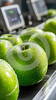 Fresh green apples on conveyor belt in modern fruit processing factory