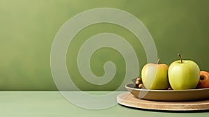 Fresh green apples on a plate. Fruit still life photography. For banner,poster, site, web. Photo Ai generated