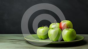 Fresh green apples on a plate. Fruit still life photography. Dark background. Free space for text. Photo Ai generated